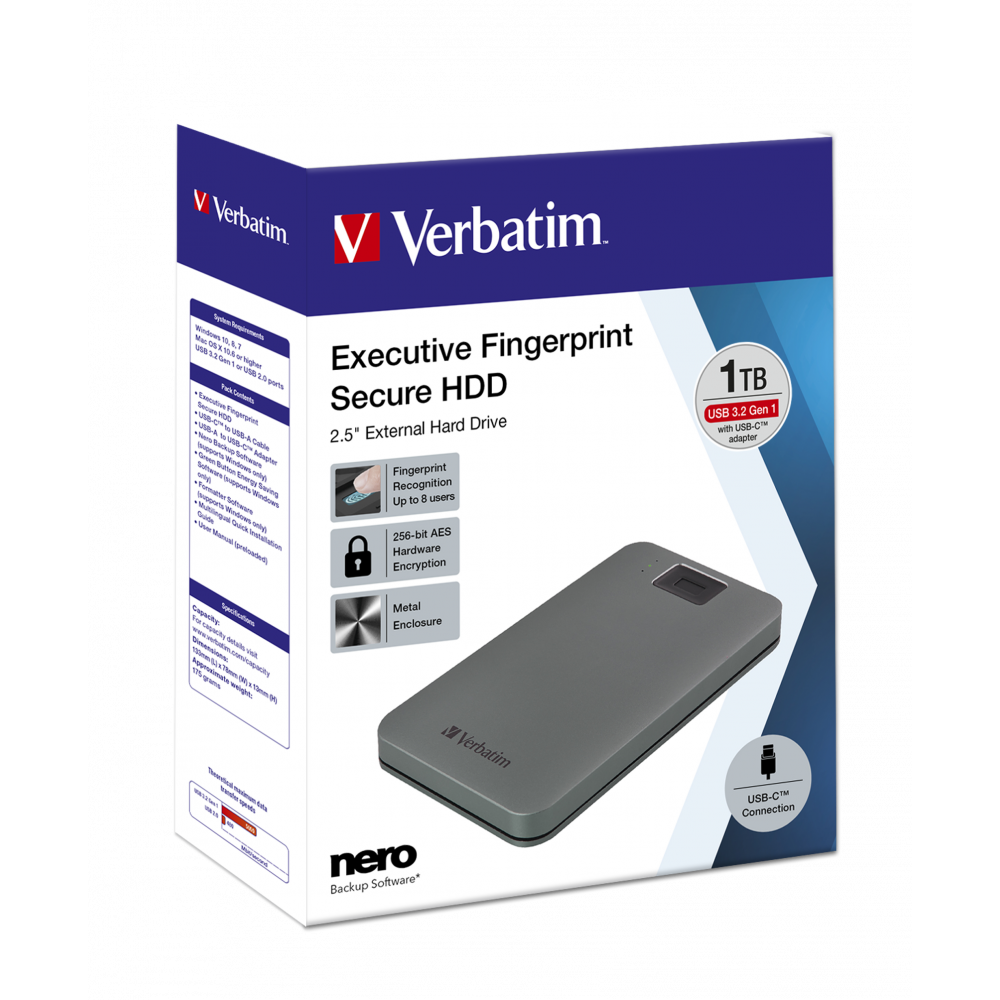 Verbatim External HHD Type C Fingerprint 1TB (AES 256 Bit En...